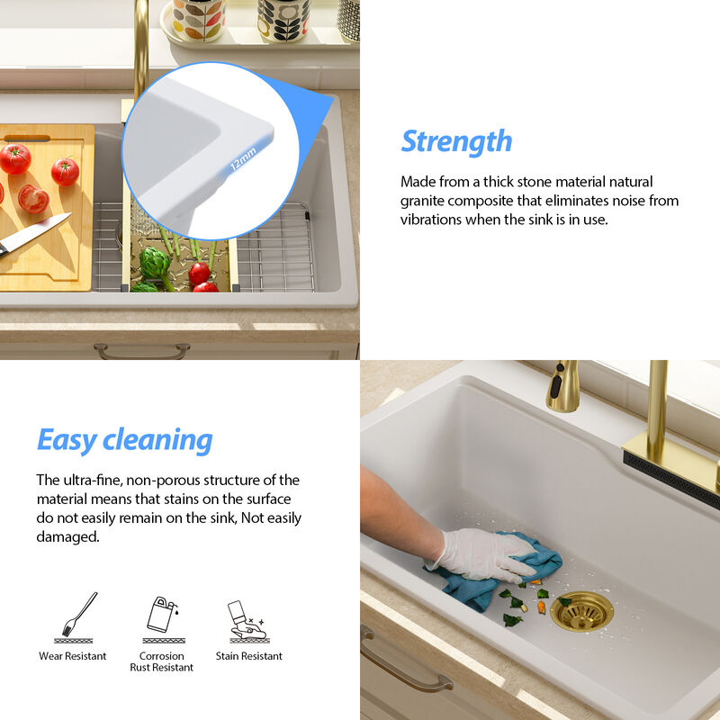 33x22x10 Inch White Granite Composite Waterfall kitchen Sink Drop In Single Bowl Quartz Workstation Kitchen Sink