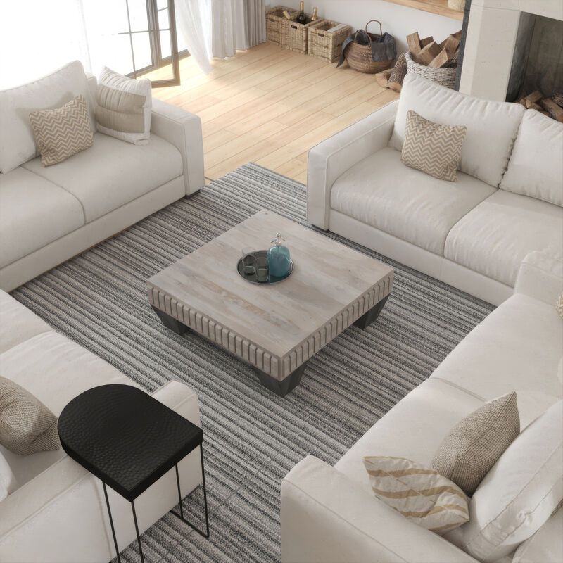 Tokyo Inspired 36 Inch Square Mango Wood Coffee Table - Handcrafted with Elegant Sandblasted Gray Finish and Tapered Legs