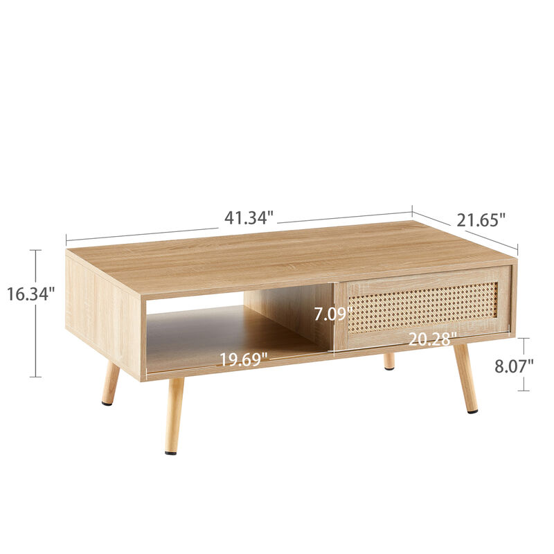 Rattan Coffee table, sliding door for storage, solid wood legs, Modern table for living room