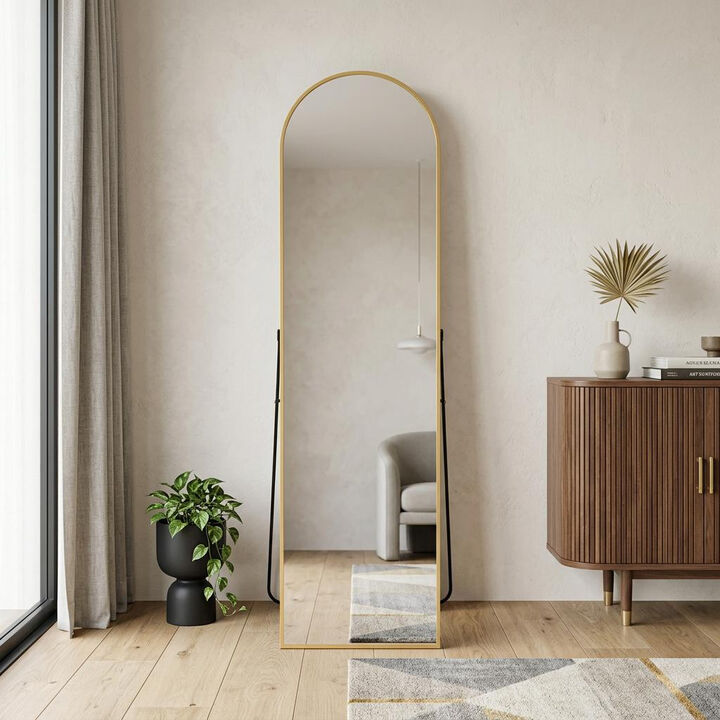 HomeRoots 59" Gold Aluminum Arch Freestanding And Wall Mounted Framed Full Length Mirror