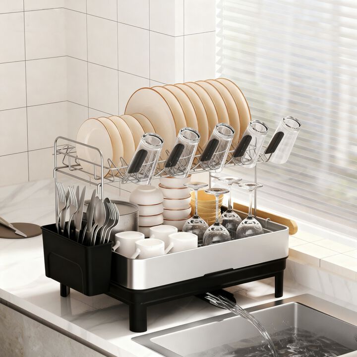 2-Tier Stainless Steel Dish Drying Rack for Kitchen Counter, Large Dish Rack with Utensil Holder and Rotating Drain Spout