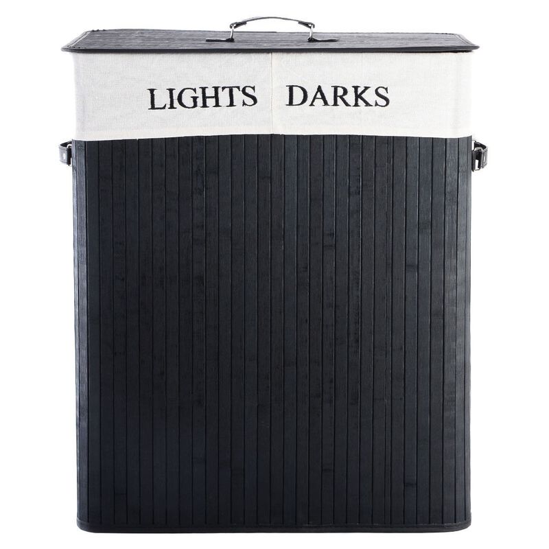 QuikFurn Black Bamboo 2-Bin Lights Darks Laundry Hamper with Handles