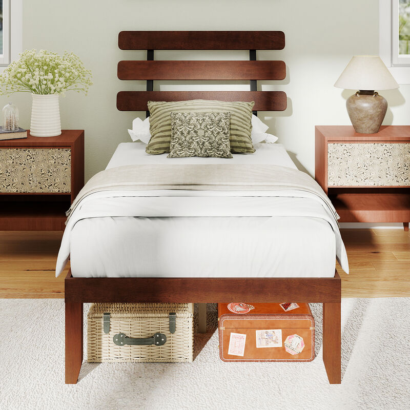 Retro Style Solid Wood Platform Bed Frame with Headboard image number 3