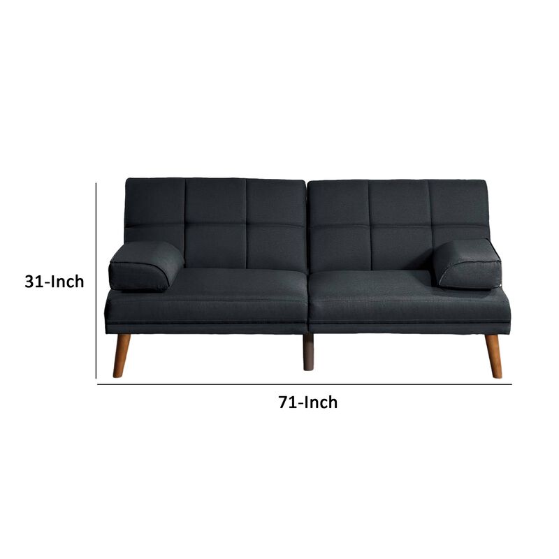 Gina 71 Inch Adjustable Futon Sofa Bed, Square Tufted, Tapered Legs, Black - Benzara