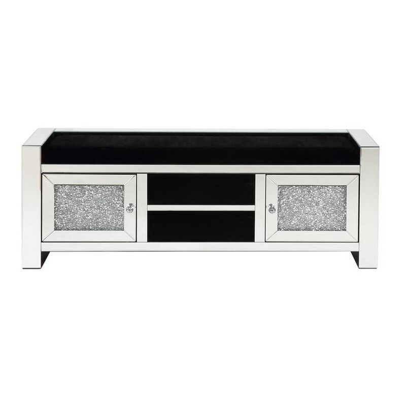 Mirrored Bench with Faux Diamonds and 2 Door Cabinets, Silver-Benzara image number 2