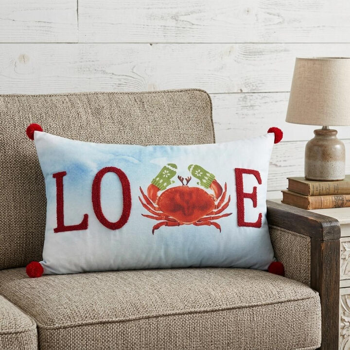 HomeRoots 14" X 22" Blue White And Red Crab Love Throw Pillow with Embroidery