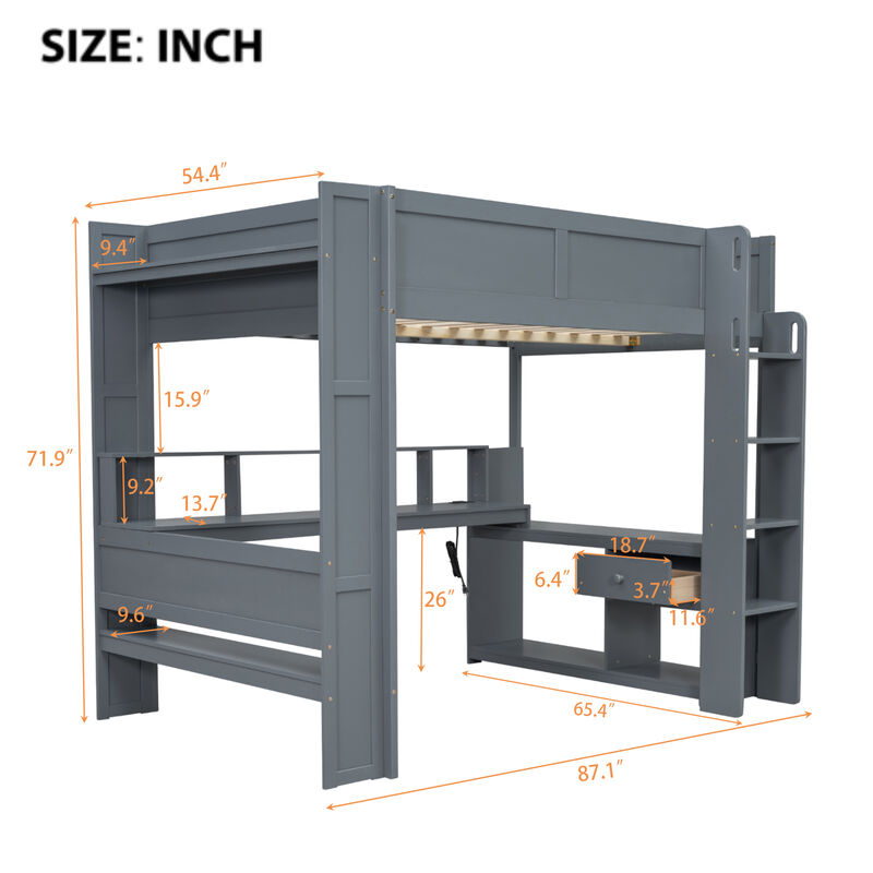 Whisen Wood Full Size Gaming Loft Bed with Desk, Multi-storage Shelves, LED and Charging Station - Dark Gray