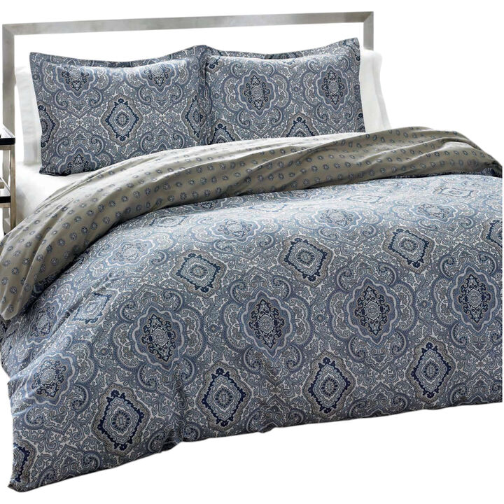3-Piece Cotton Comforter Set &ndash; Soft Bedding with Damask Pattern and Pillow Shams