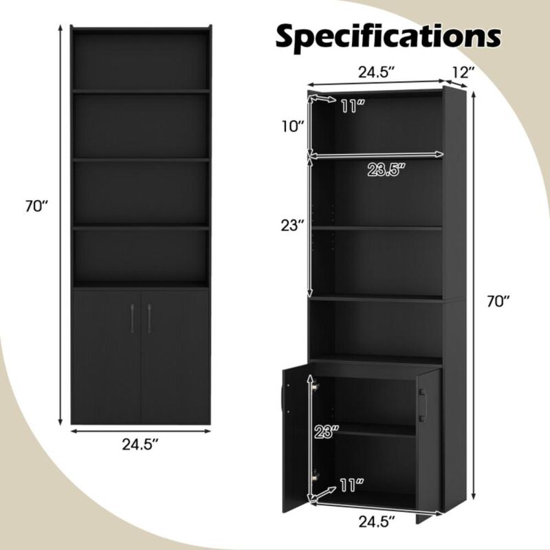 Hivvago 70 Inch Bookcase 6-Tier with Adjustable Shelves and 2-Door Cabinet