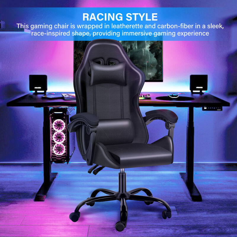 Racing Video Backrest and Seat Height Recliner Gaming Office High Back Computer Ergonomic Adjustable Swivel Chair, Without footrest, Black