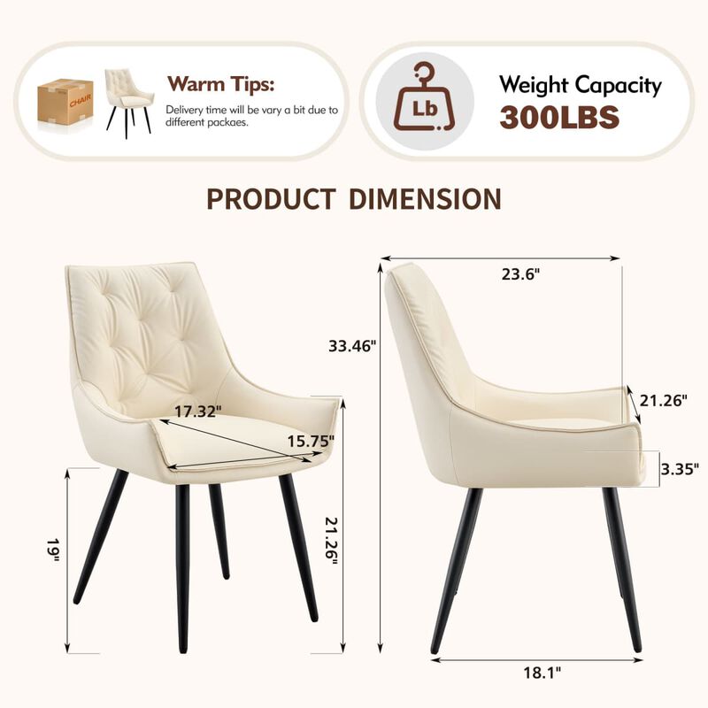 Set of 2 PU leather dining chairs rectangular button tufted dining chair solid back modern metal leg kitchen dining chairs wipe clean image number 2