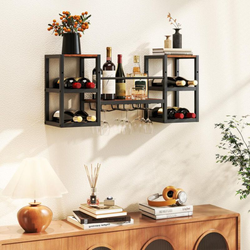 Hivvago Heavy-duty Wall Mounted Wine Rack with Glass Holder Metal Frame 8-Bottle Holder