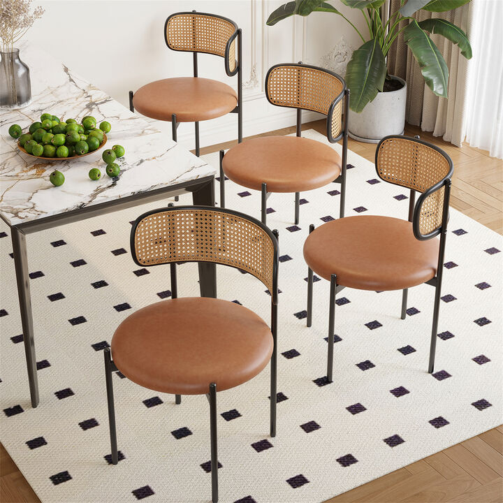 PU Leather Upholstered Seat Rattan Backrest Dining Chairs Set of 4