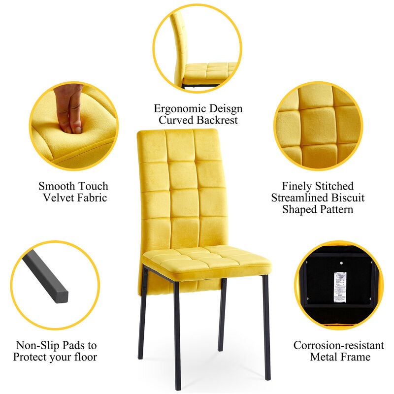 Yellow Velvet High Back Nordic Dining Chair Modern Fabric Chair with Black Legs, Set Of 4
