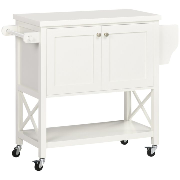 Rolling Kitchen Island Cart with Rubberwood Top and Storage, White