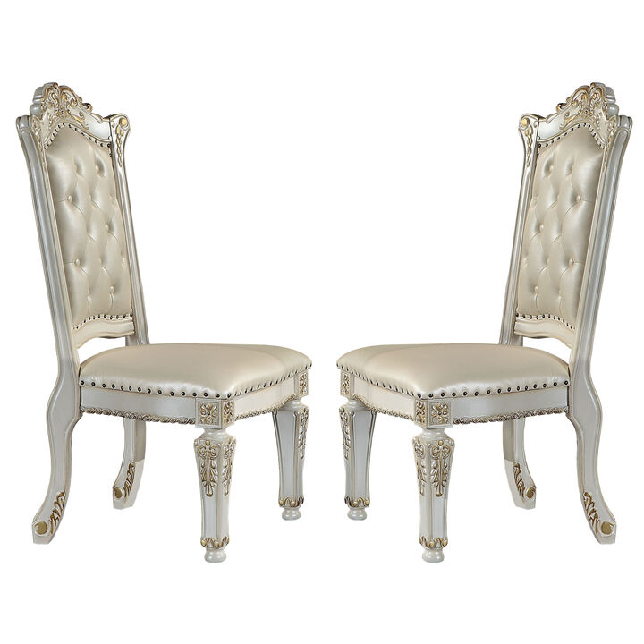 Doe 27 Inch Side Dining Chair Set of 2, Nailhead, Tufted White Faux Leather - Benzara