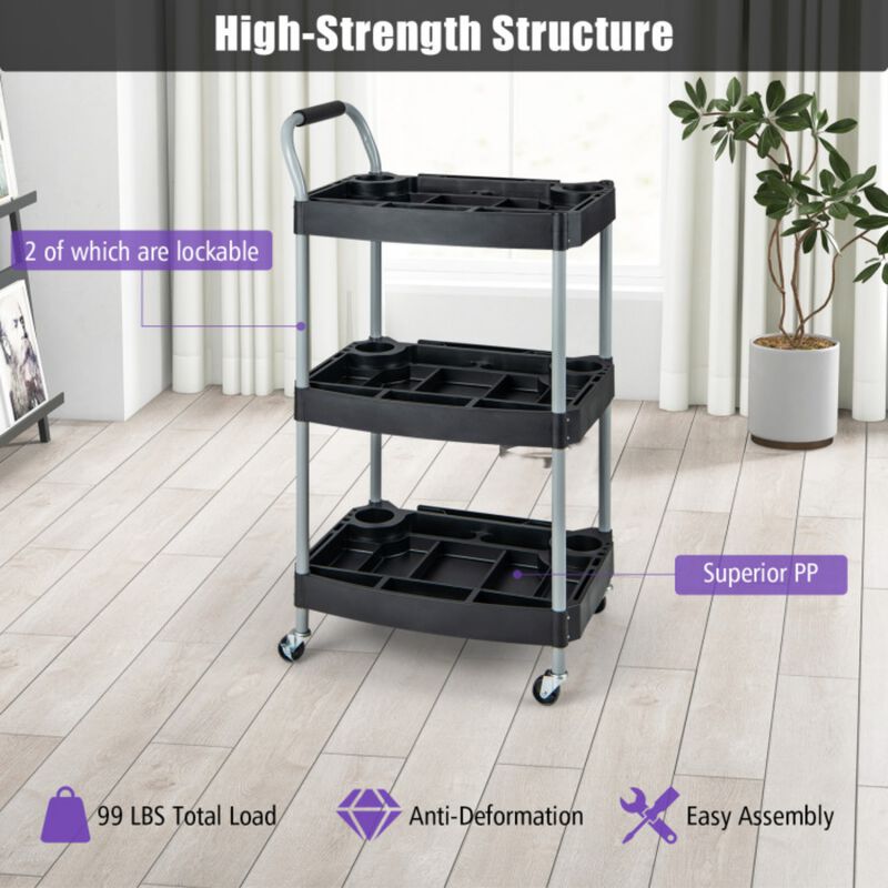3-Tier Rolling Utility Cart with Lockable Wheels for Garage and Salon image number 6