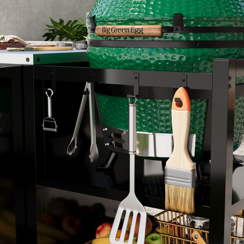 FUFU&GAGA All-Black & Silver BBQ Utility Cart with Stainless Steel Top, Adjustable Shelf & 6 Swivel Casters, Compact Design for Outdoor Grilling (60.8 in. W x 23.7 in. D x 34.3 in. H)