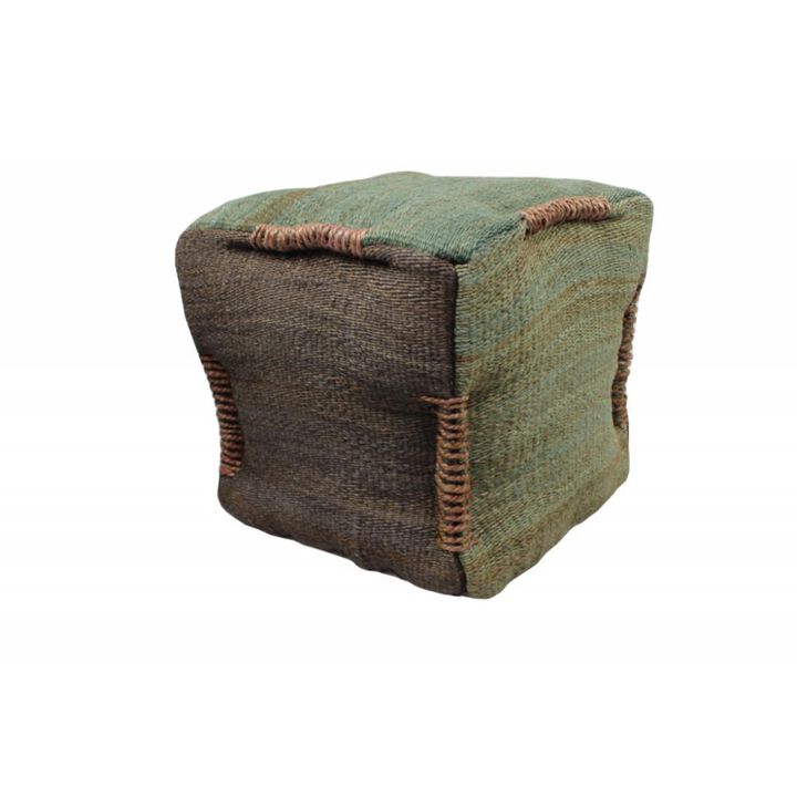 Hivvago 18 Inch Green and Brown Jute Cube Pouf Ottoman