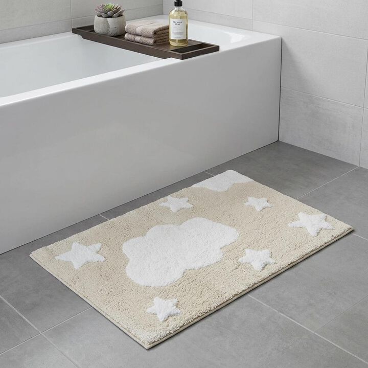HomeRoots 32" White And Beige Cotton Clouds and Stars Youthful Bath Rug