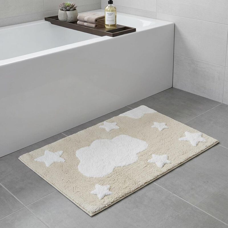 HomeRoots 32" White And Beige Cotton Clouds and Stars Youthful Bath Rug image number 1