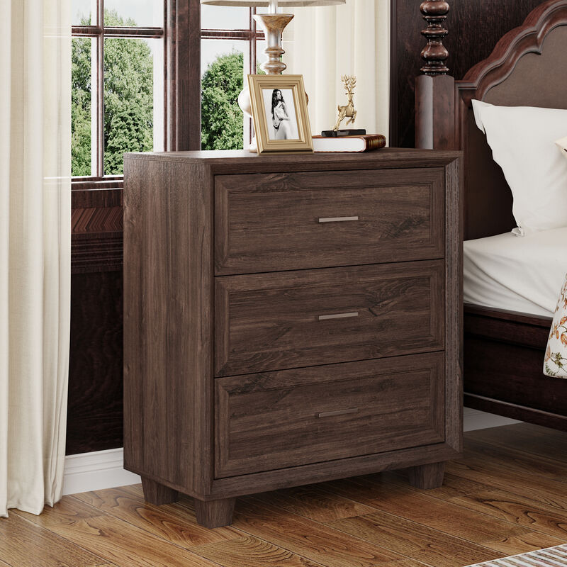 FUFU&GAGA Retro 3-Drawer Bedside Table with Silver Handles, Large Beveled Edge Faux Thick Design and Patterned Drawer Fronts, (34.4 in. W x 31.4 in. D x 15.7 in. H), Dark Brown Wood Grain