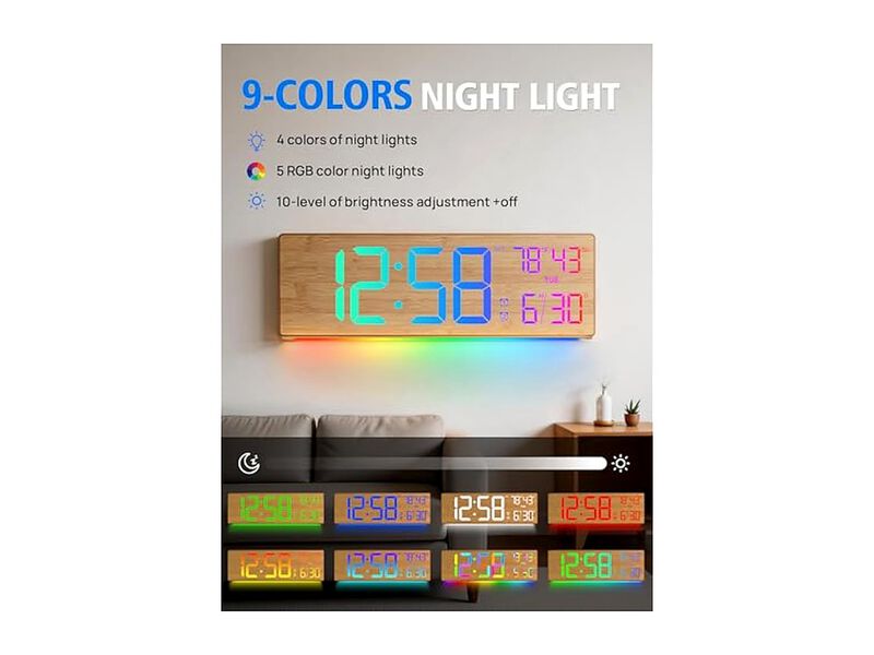 Upgrade Digital Remote Control LED Display Wall Clock 5 Inch Glow In Dark Wood image number 2