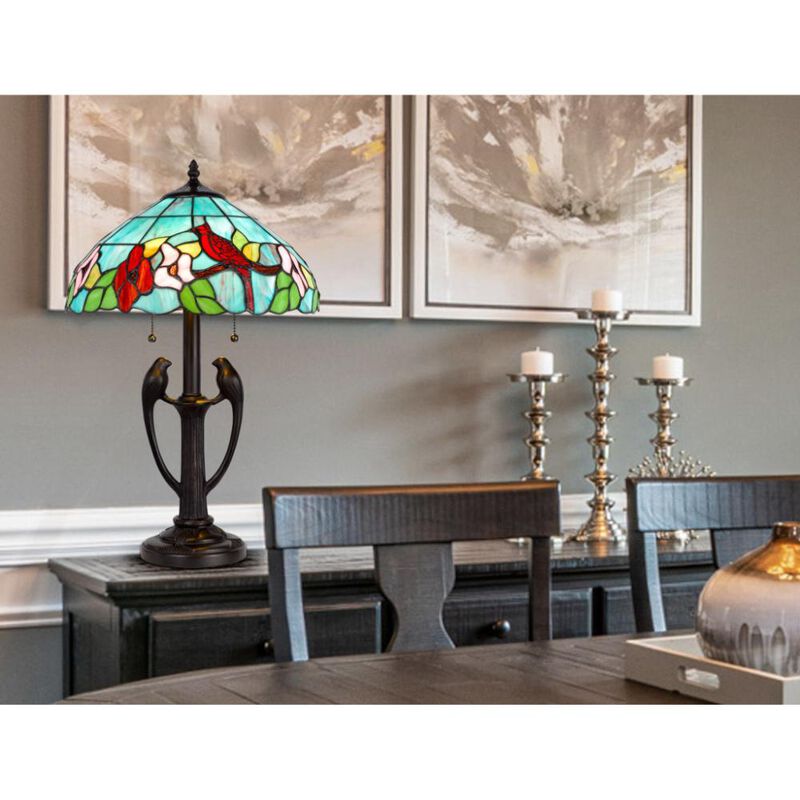 Hivvago 22" Bronze Two Light Tiffany Table Lamp With Aqua and Red Floral Shade