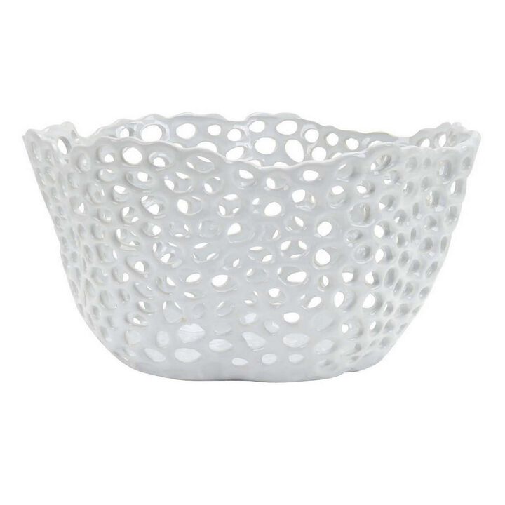 Hina 14 Inch Decorative Bowl, Mesh Design, Wavy Edges, Ceramic White Finish - Benzara