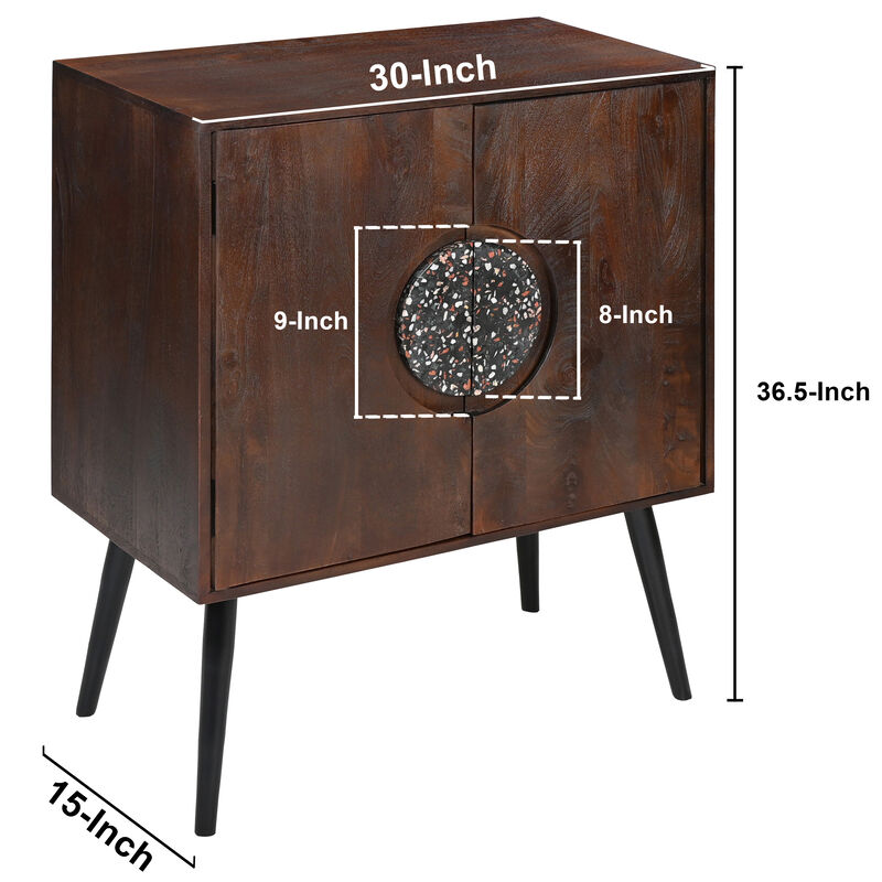 37 Inch 2 Door Mango Wood Sideboard Cabinet, Terrazzo Stone, Sandblasted Red Oak Finish, Black Legs-Benzara