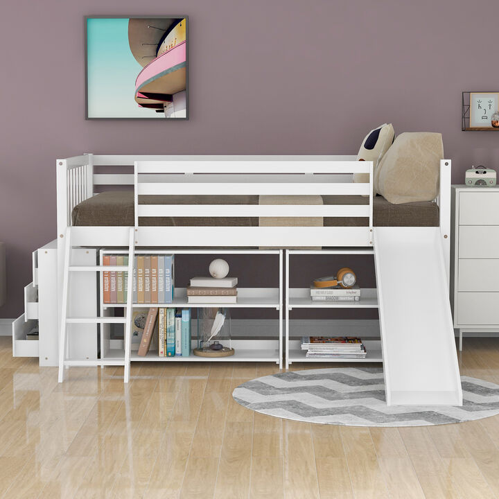 Merax Low Loft Bed with Attached Bookcases and Separate 3-tier Drawers,Convertible Ladder and Slide