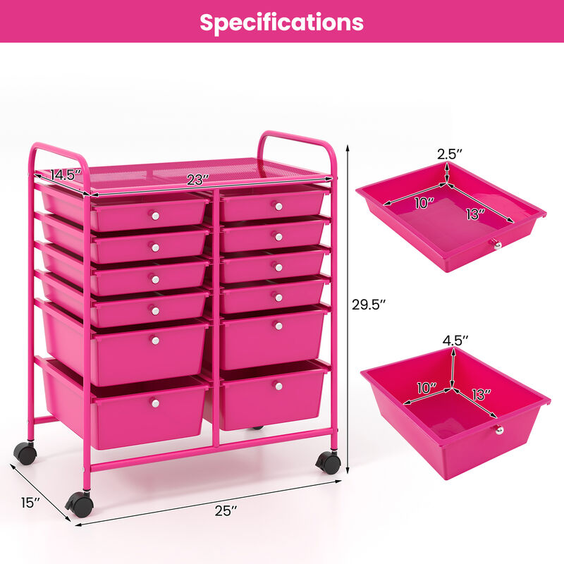 12-Drawer Rolling Organizer Cart with Lockable Wheels and Smooth Glide Drawers