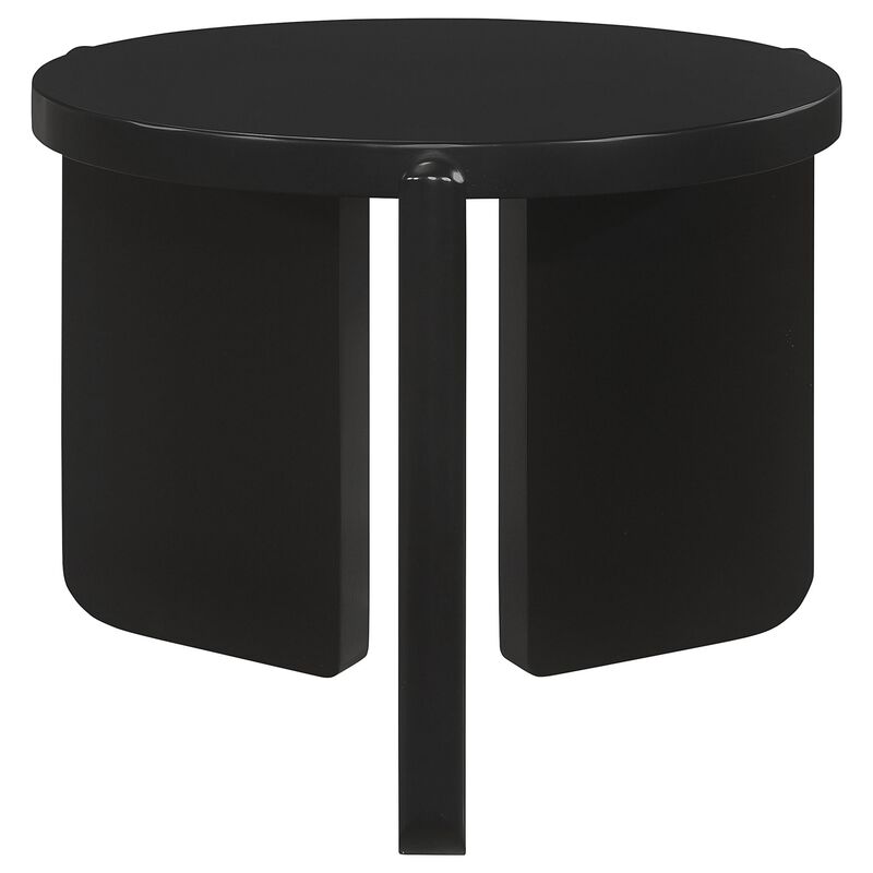 Kiya Side End Table, Panel Legs, 27 Inch Round Black Solid Wood Frame