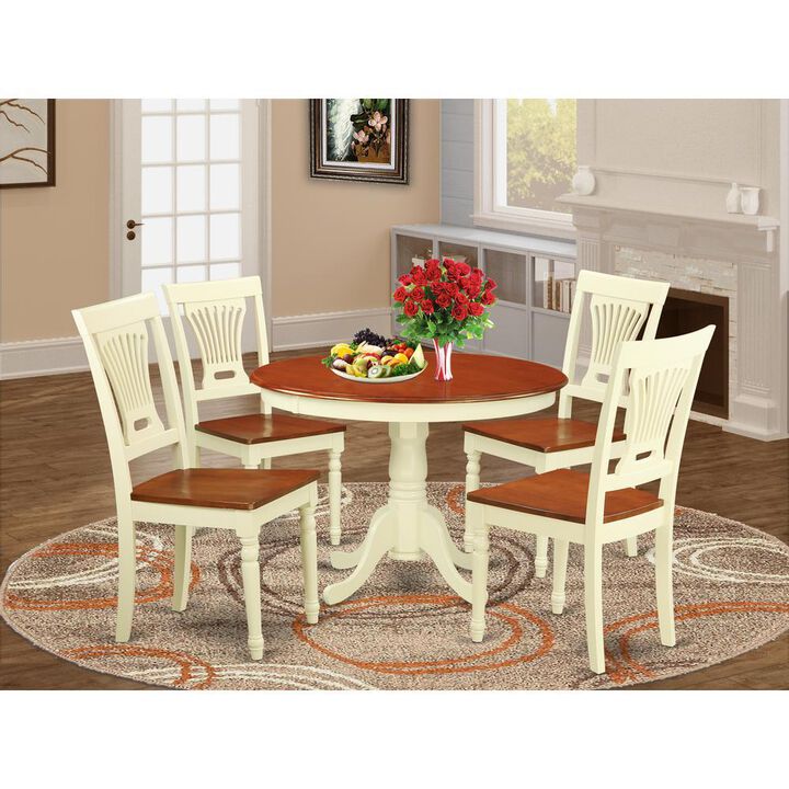 5 Pc set with a Round Small Table and 4 Leather Kitchen Chairs in Buttermilk and Cherry .