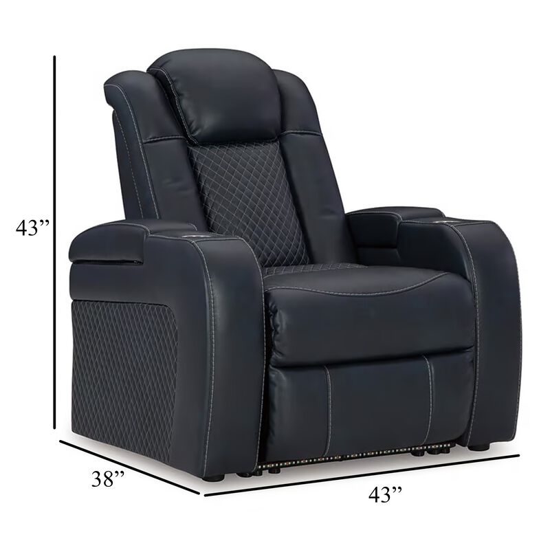 Fynne LED Power Recliner Chair, USB Port, Sapphire Blue Faux Leather - Benzara