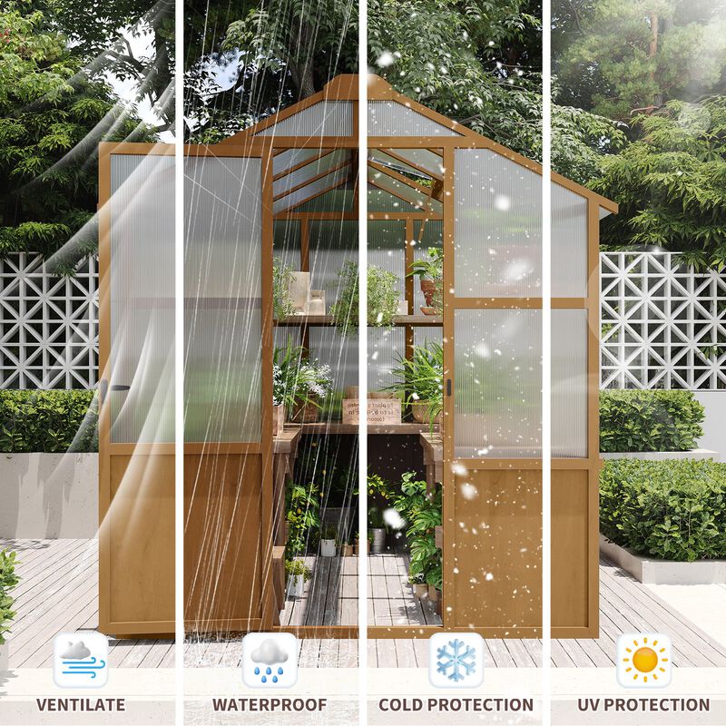 6x8 FT Greenhouse, Wooden Walk-in Greenhouse for Outdoors with Polycarbonate Panel and Adjustable Roof Vents image number 7