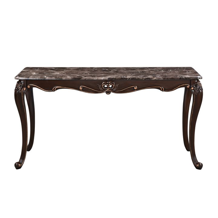 Cona 58 Inch Console Table, Carved Gold Accents, Cherry Brown, Gray, White