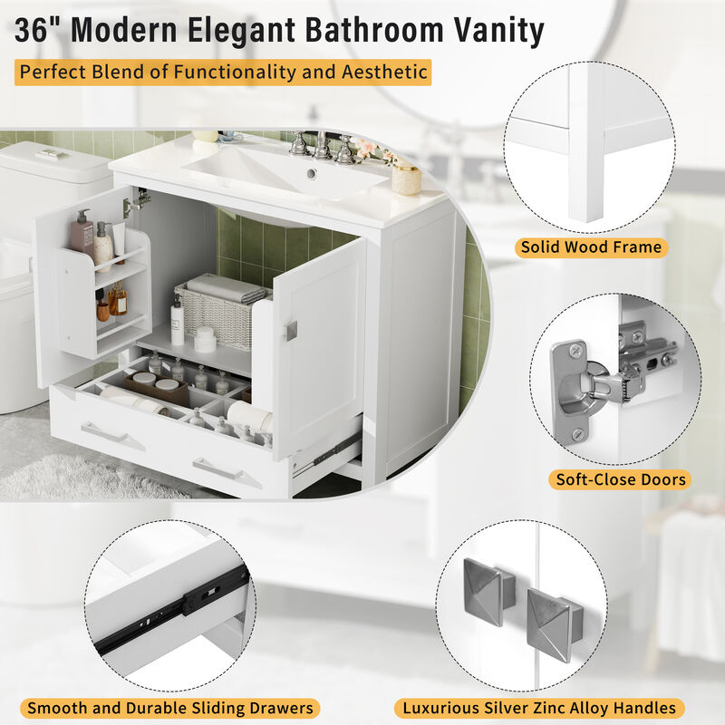 Merax Bathroom Vanity with Ceramic Sink Soft-Close Doors & Divided Drawer 2 Storage Shelves Modern Storage Cabinet image number 7