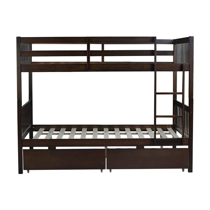 Whisen Convertible Full Over Full Rubber Wood Bunk Bed with 2 Drawers, Ladder and Safety Guardrails