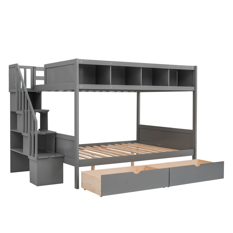 Whisen Twin over Full Bunk Bed with Shelfs, Storage Staircase and 2 Drawers- White