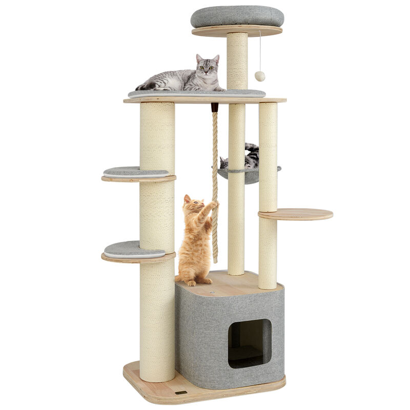 Tall Cat Tree Modern Wooden Cat Tower with Perch Condo Hammock