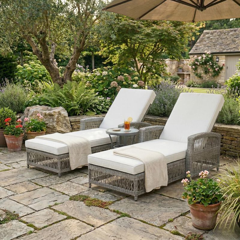 Merax Outdoor Lounger Set of 2 with Adjustable Backrest, Armrests, Thick Cushions image number 2
