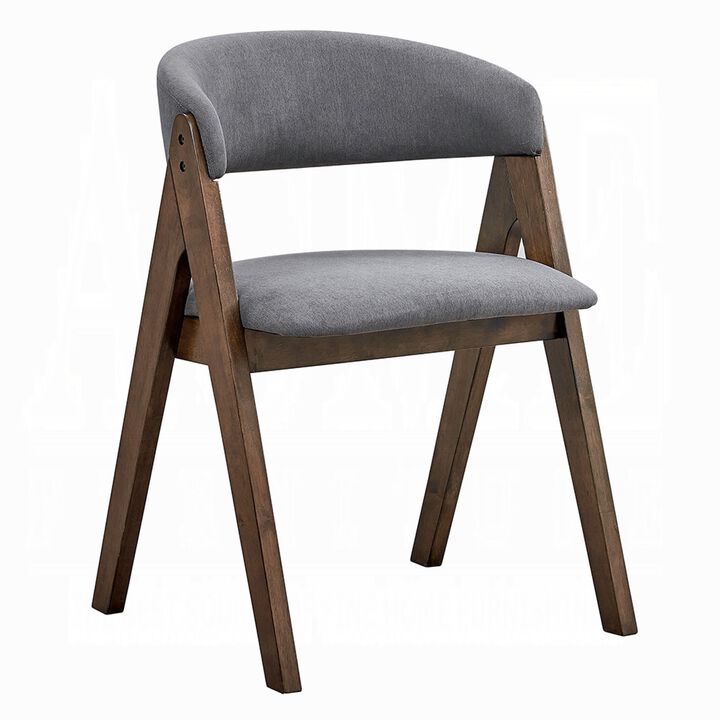 Koko Side Dining Chair Set of 2, Gray Padded Seat and Back, Brown Wood - Benzara