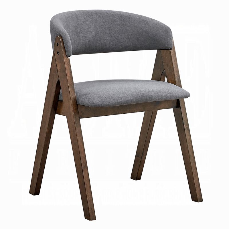 Koko Side Dining Chair Set of 2, Gray Padded Seat and Back, Brown Wood - Benzara