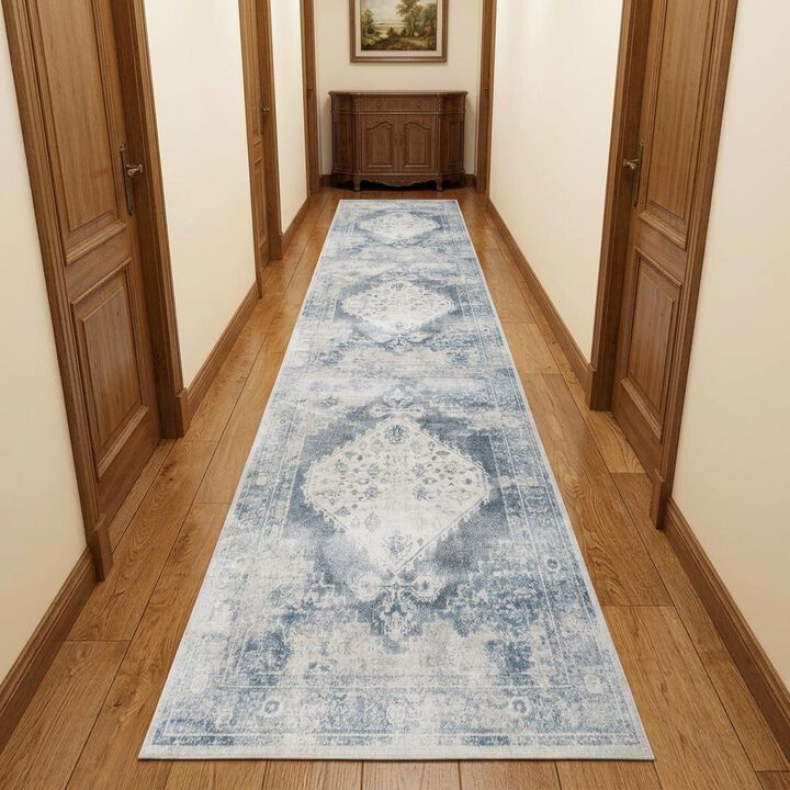HomeRoots 10' Blue Oriental Power Loom Distressed Washable Runner Rug
