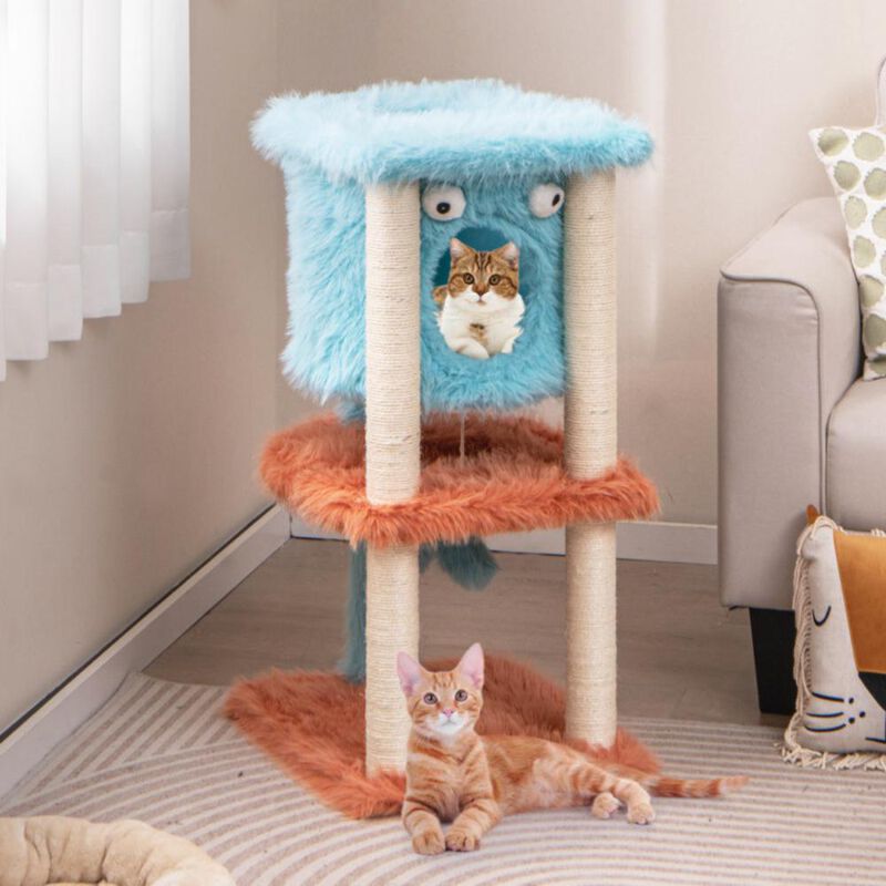 Hivvago Cute Monster-Themed Cat Tower with Private Condo and Soft Long Plush