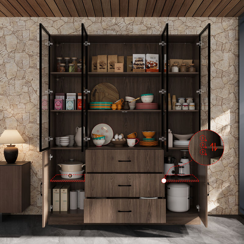 Brown Wood 63 in. W Display Cabinet With Pop up Tempered Glass Doors, 3-Color LED Lights, Drawers, Adjustable Shelves