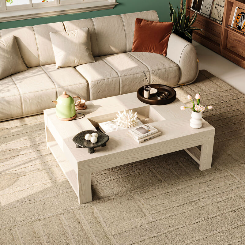 FUFU&GAGA Modern White Wood Coffee Table &ndash; Solid Wood, Spacious Tabletop with Built-in Storage, Sturdy Frame (47.2" W x 35.4" D x 15.8" H), White