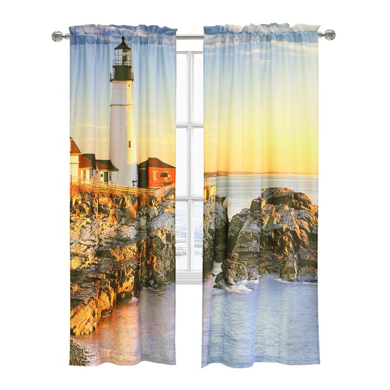 Habitat Photo Real Lighthouse and Ambient Surroundings Sunrise Light Filtering Pole Top Curtain Pair Each 38" x 84" Multicolor