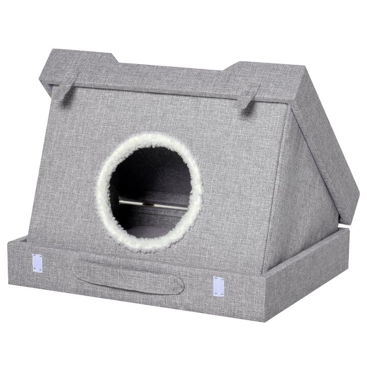 Wooden Cat House Foldable Kitten Cave 2 In 1 Condo Pet Bed with Soft Removable Cushions Suitcase Style Easy to Carry Grey